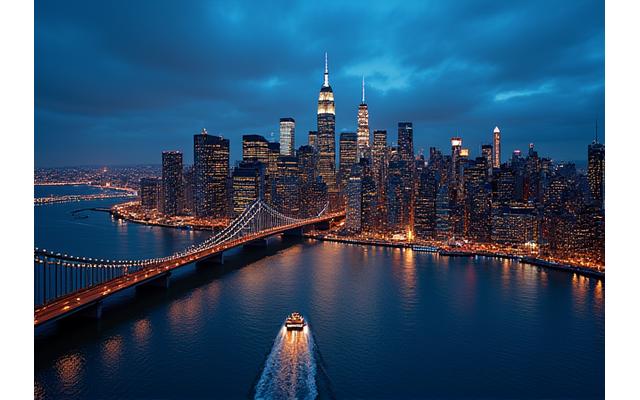 El skyline de Manhattan al anochecer con luces brillantes